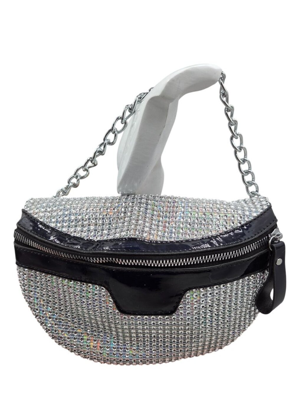 Rhinestone & Vinyl Purse Bag With Chain Handle Additional Shoulder Strap New